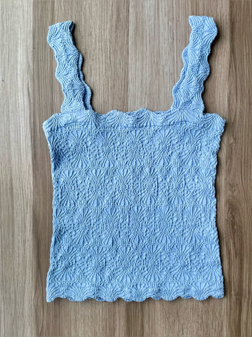 Pink Rose Women's L/XL Blue Square Neck Smocked Scalloped Edge Tank Cami Stretch